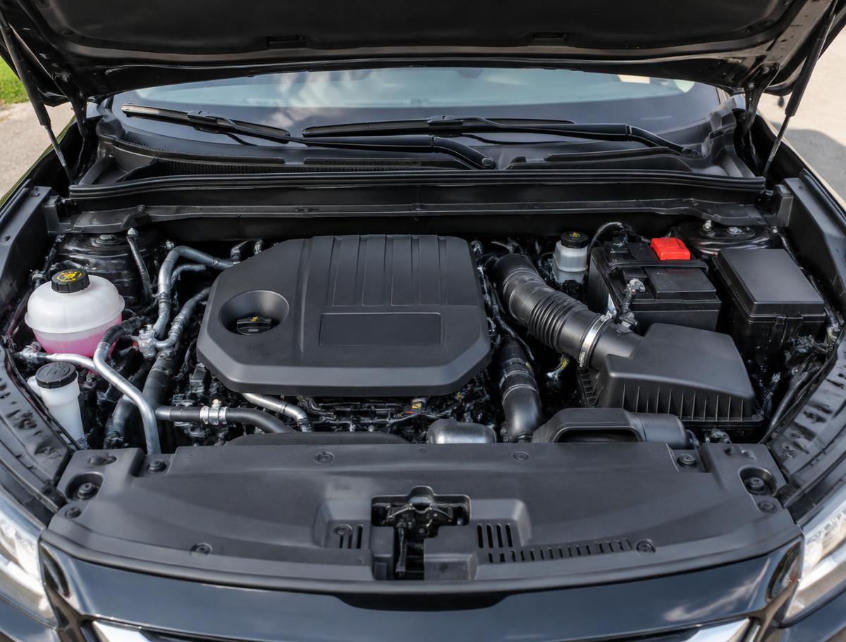 Clean engine bay of an SUV after engine bay detailing