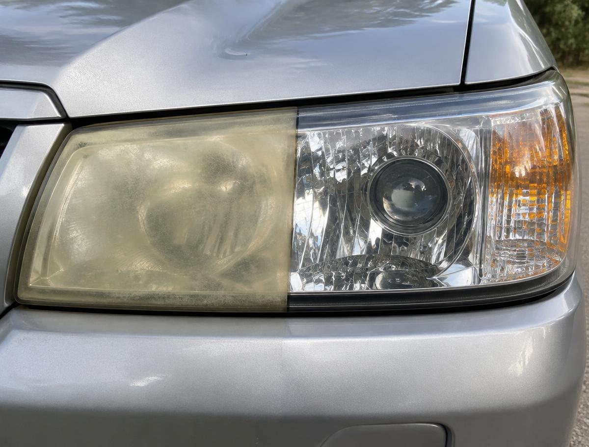 Headlight restoration before and after on a silver SUV