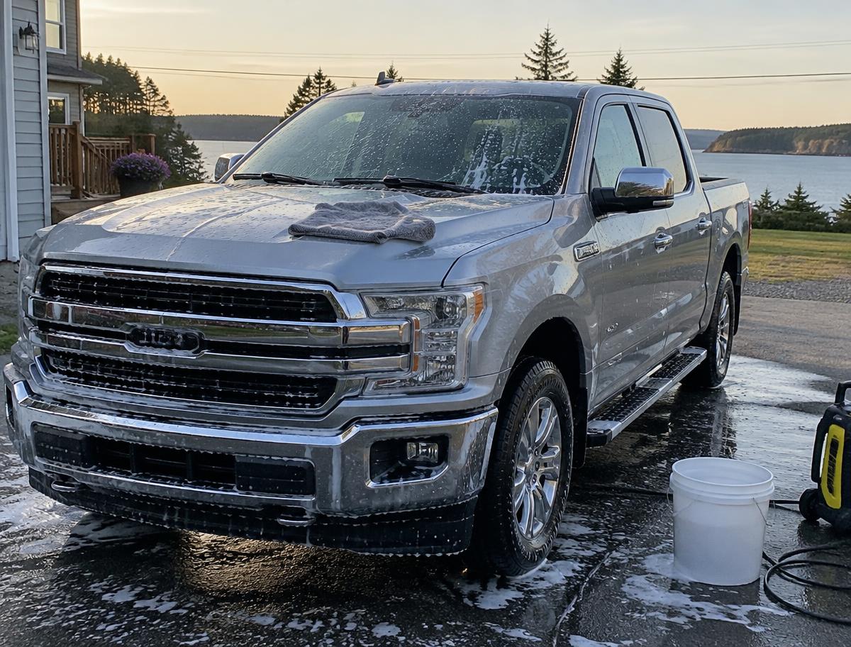Pickup truck washed in a driveway during a mobile detail in West Prince PEI